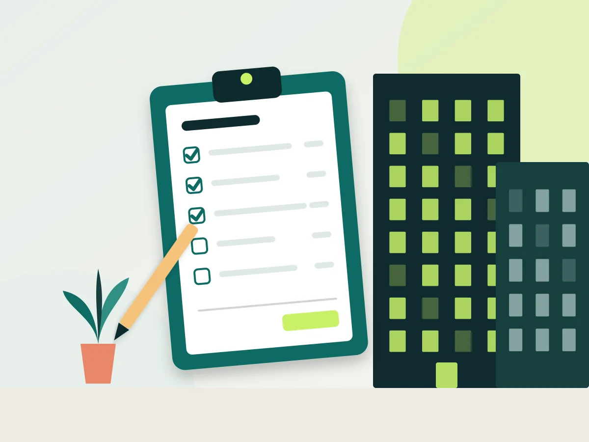Illustration: clipboard with a quote and ticked services in front of an office building