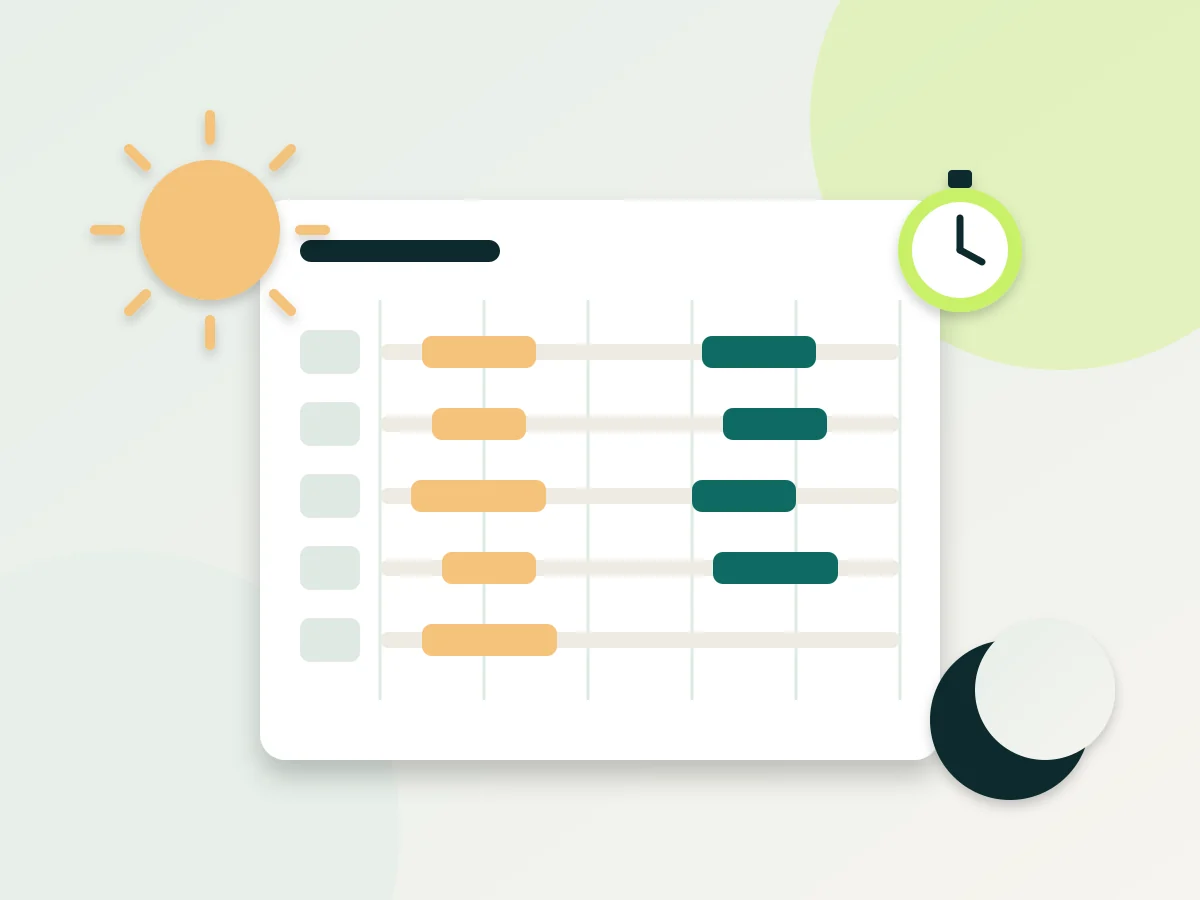 Illustration: timesheet with early and late shifts, sun, moon and stopwatch