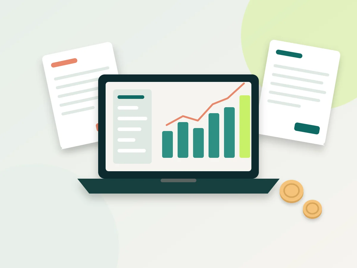 Illustration: laptop with revenue chart between two invoices