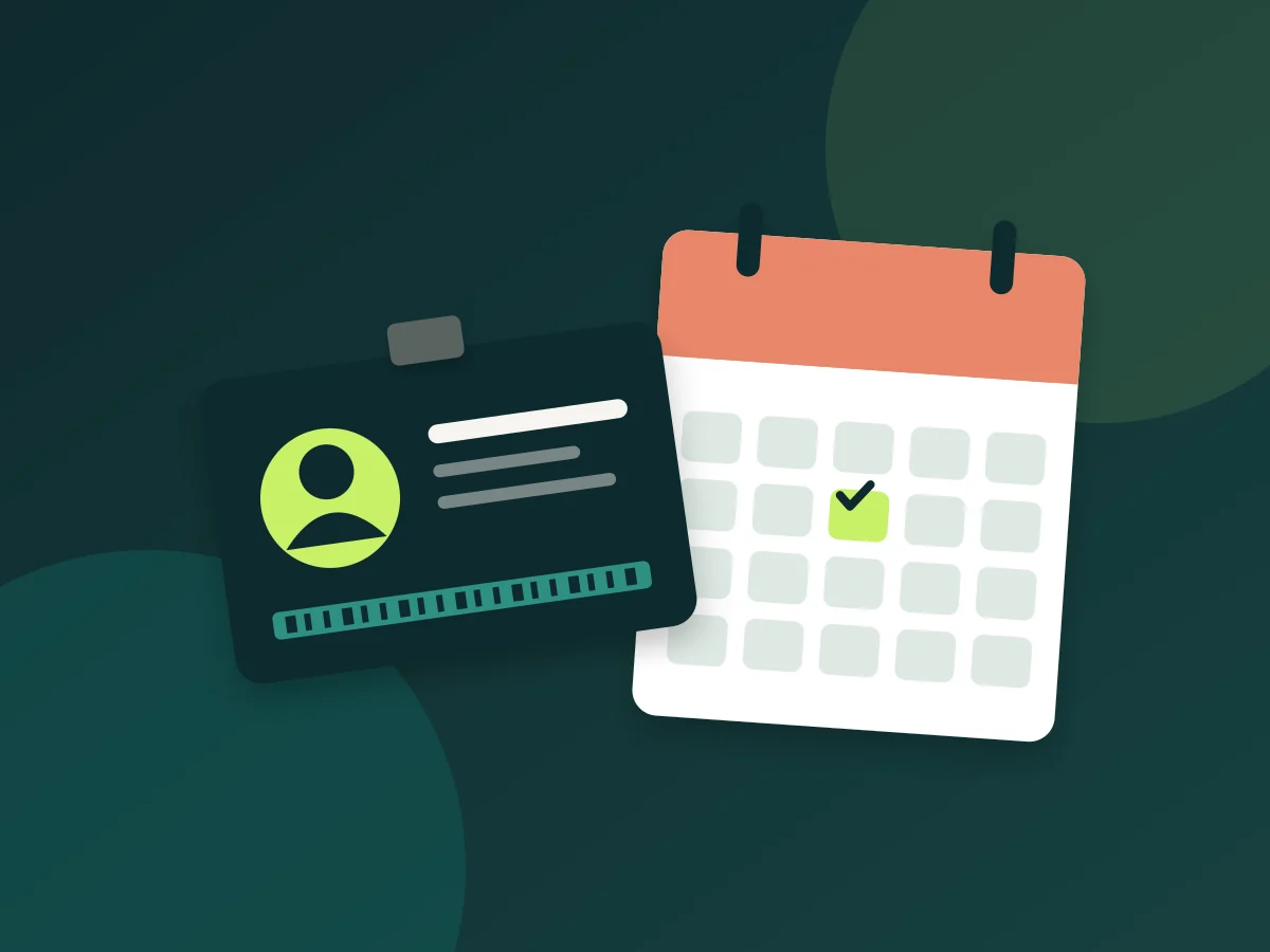 Illustration: employee ID card and calendar with the first working day marked