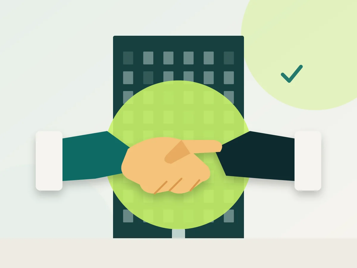 Illustration: handshake in front of an office building