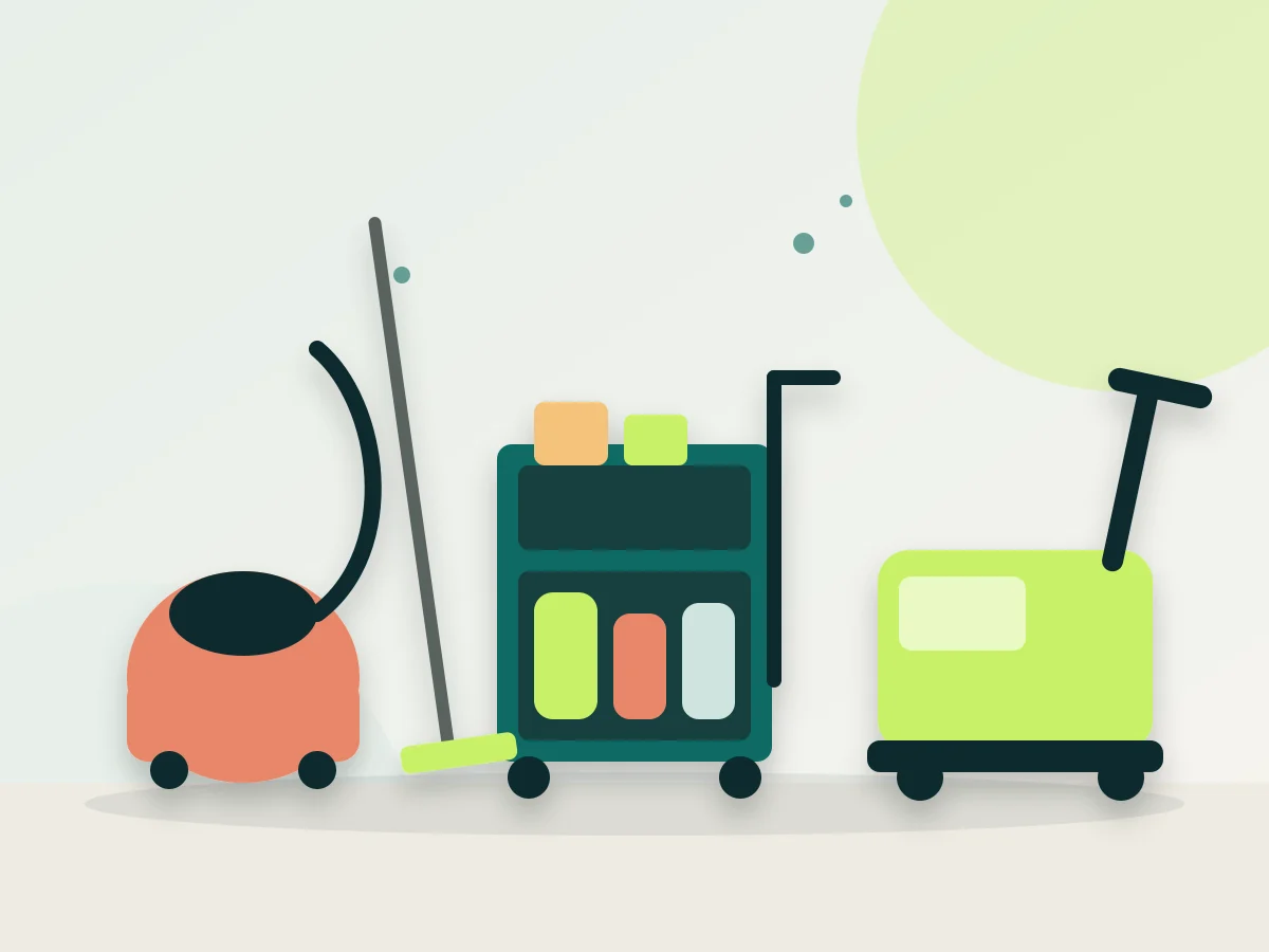 Illustration: vacuum cleaner, cleaning trolley with mop and scrubber dryer