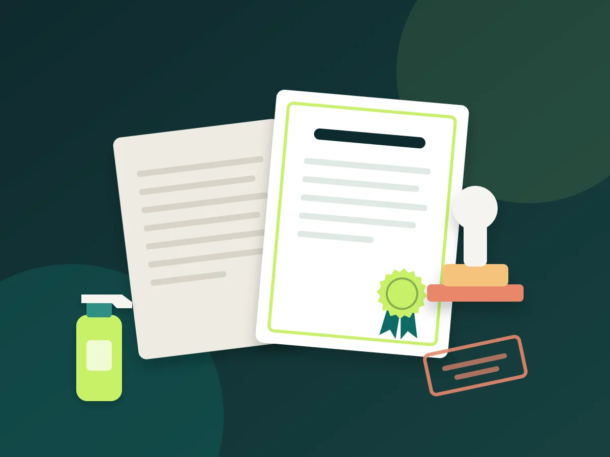 Illustration: certificate of qualification with seal, second document, rubber stamp and spray bottle