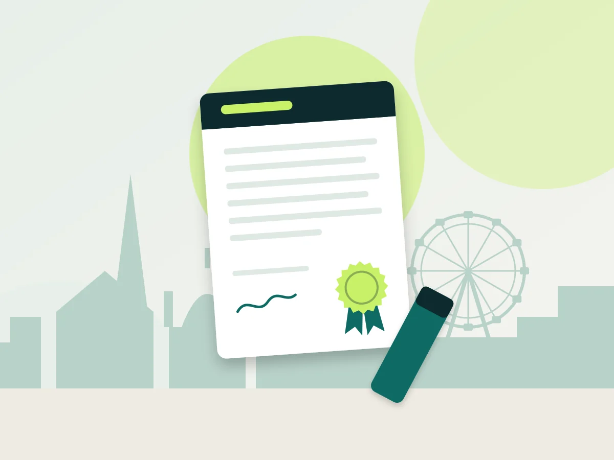 Illustration: trade licence with seal in front of the Vienna skyline with St Stephen's Cathedral and the Giant Ferris Wheel