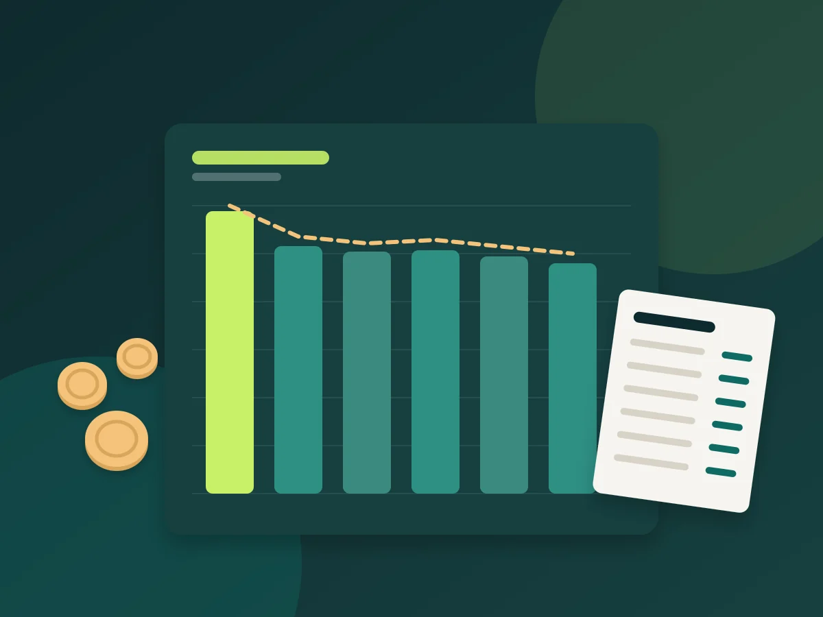 Illustration: bar chart of wage groups, pay scale sheet and coins