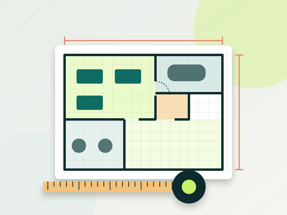 Illustration: office floor plan with square-metre grid and tape measure