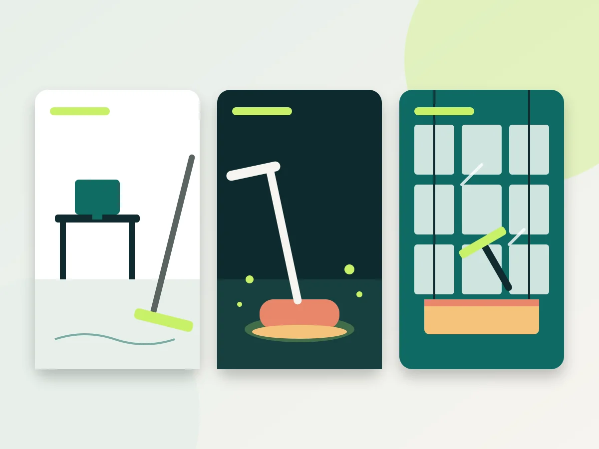 Illustration: three scenes – mopping an office, deep cleaning with a single-disc machine, window cleaning on a façade