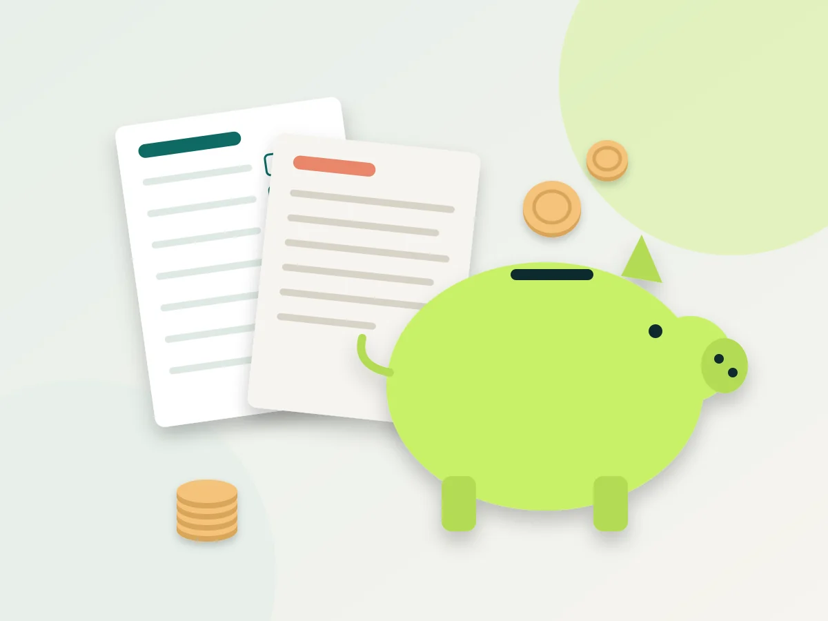 Illustration: tax forms, piggy bank and coins