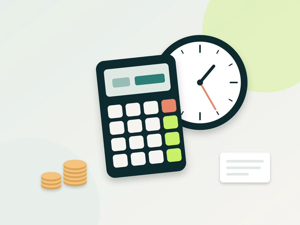 Illustration: calculator, clock and coin stacks for calculating the hourly rate