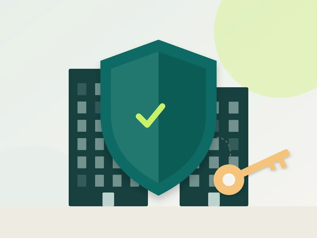 Illustration: shield with tick in front of buildings and a key