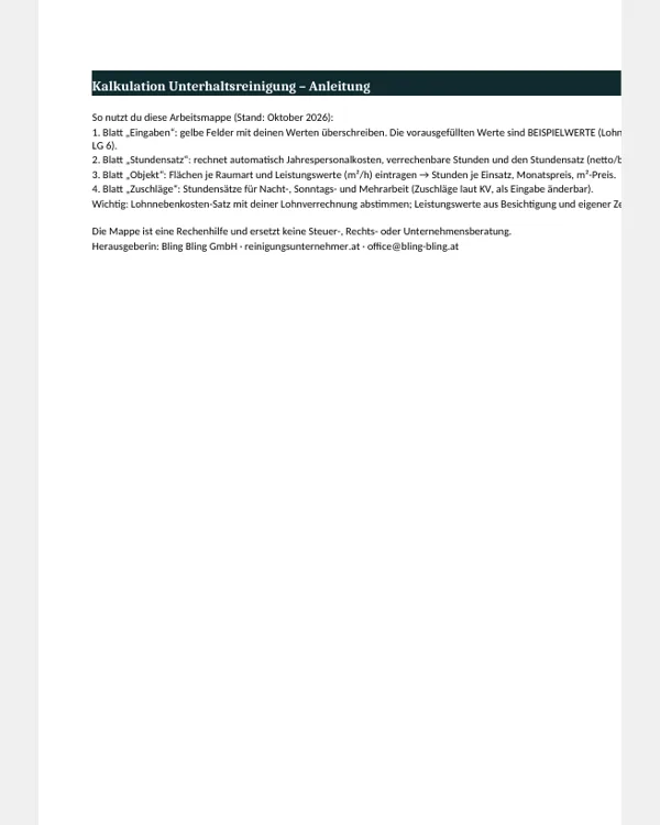 Preview: Pricing workbook for contract cleaning (Excel)